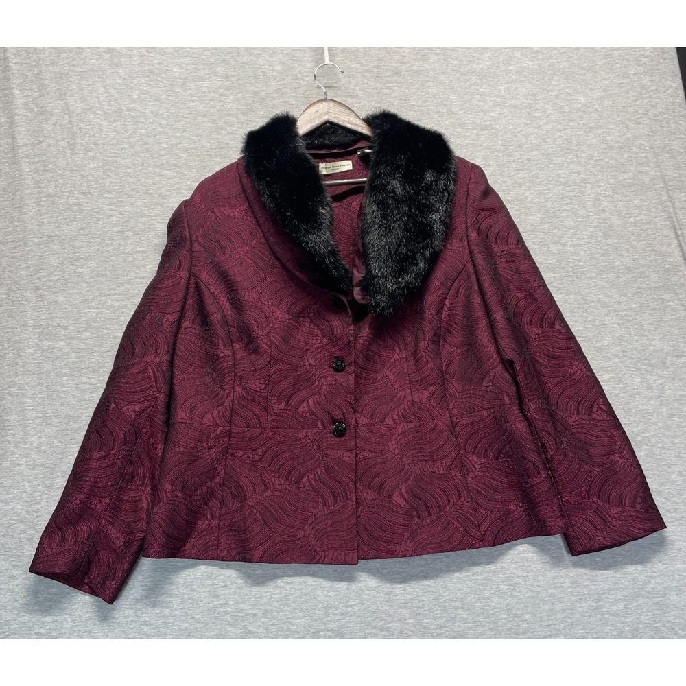 Amanda Smith Brocade Jacket Women 18W Burgundy Jacquard Textured Faux Fur Collar